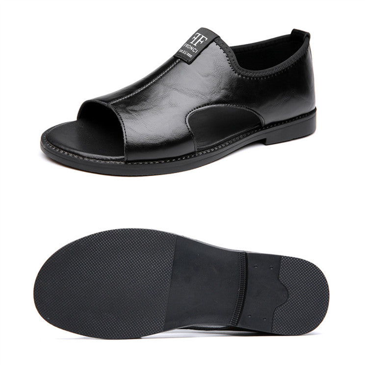 Vue latérale et semelle antidérapante d'une sandale homme premium en cuir souple noire