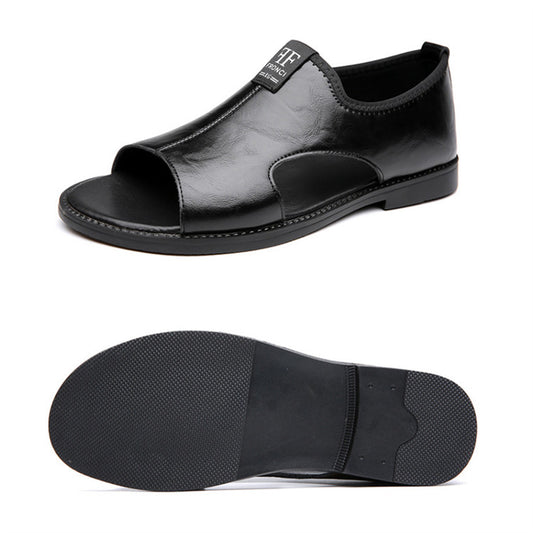 Vue latérale et semelle antidérapante d'une sandale homme premium en cuir souple noire